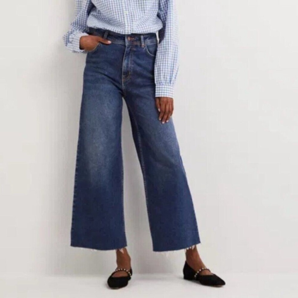 Boden Medium Wash Wide Leg Crop Raw Hem Stretch Denim Jeans Size 10 Petite